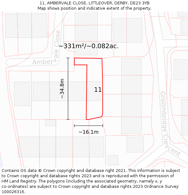11, AMBERVALE CLOSE, LITTLEOVER, DERBY, DE23 3YB: Plot and title map