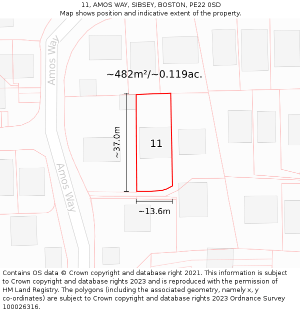 11, AMOS WAY, SIBSEY, BOSTON, PE22 0SD: Plot and title map
