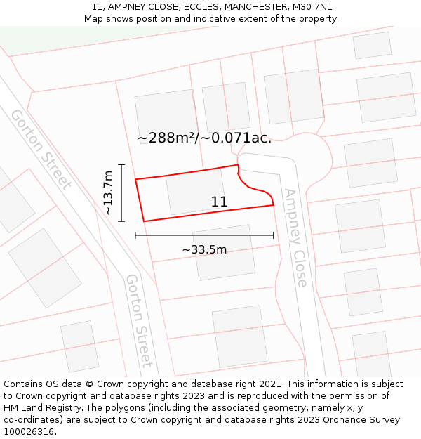 11, AMPNEY CLOSE, ECCLES, MANCHESTER, M30 7NL: Plot and title map