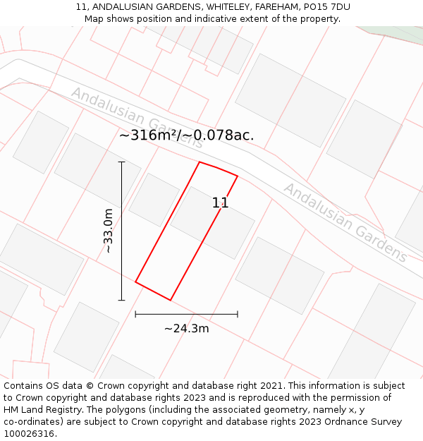 11, ANDALUSIAN GARDENS, WHITELEY, FAREHAM, PO15 7DU: Plot and title map
