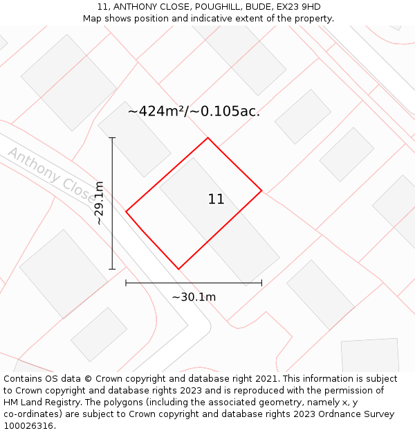 11, ANTHONY CLOSE, POUGHILL, BUDE, EX23 9HD: Plot and title map