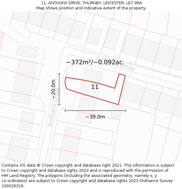 11, ANTHONY DRIVE, THURNBY, LEICESTER, LE7 9RA: Plot and title map