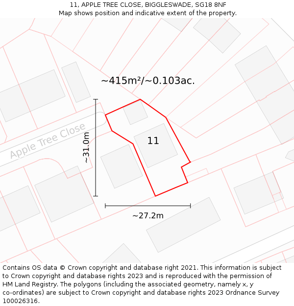 11, APPLE TREE CLOSE, BIGGLESWADE, SG18 8NF: Plot and title map