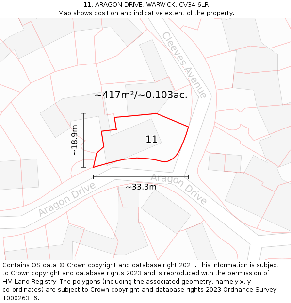 11, ARAGON DRIVE, WARWICK, CV34 6LR: Plot and title map