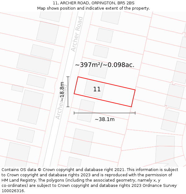 11, ARCHER ROAD, ORPINGTON, BR5 2BS: Plot and title map