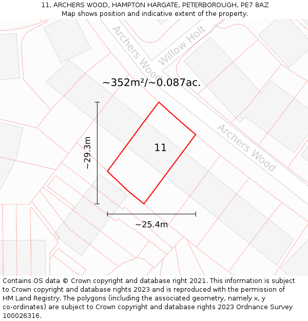 11, ARCHERS WOOD, HAMPTON HARGATE, PETERBOROUGH, PE7 8AZ: Plot and title map