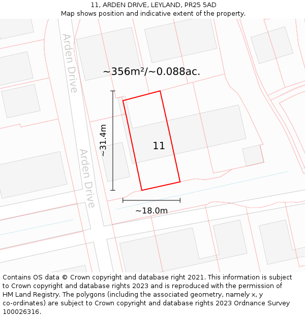 11, ARDEN DRIVE, LEYLAND, PR25 5AD: Plot and title map