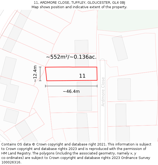 11, ARDMORE CLOSE, TUFFLEY, GLOUCESTER, GL4 0BJ: Plot and title map