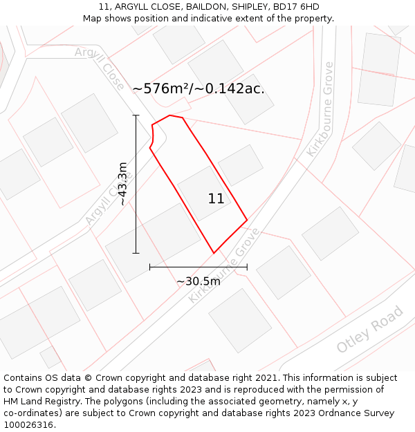 11, ARGYLL CLOSE, BAILDON, SHIPLEY, BD17 6HD: Plot and title map