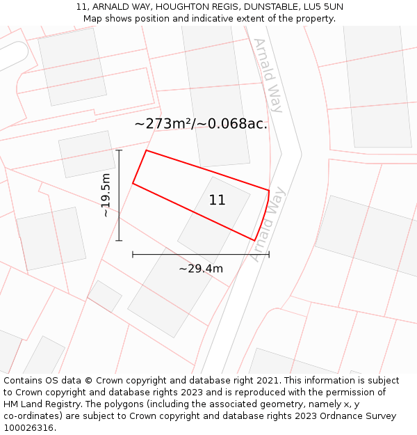 11, ARNALD WAY, HOUGHTON REGIS, DUNSTABLE, LU5 5UN: Plot and title map