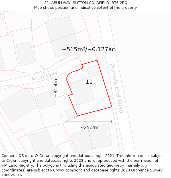 11, ARUN WAY, SUTTON COLDFIELD, B76 2BQ: Plot and title map