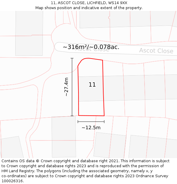 11, ASCOT CLOSE, LICHFIELD, WS14 9XX: Plot and title map
