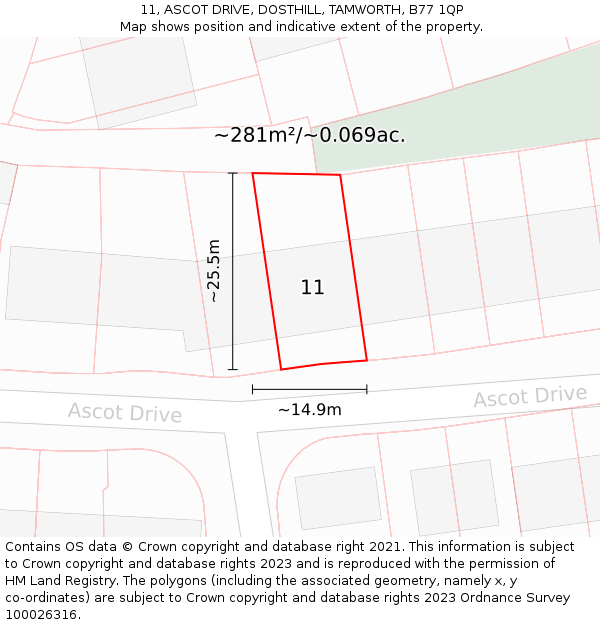 11, ASCOT DRIVE, DOSTHILL, TAMWORTH, B77 1QP: Plot and title map