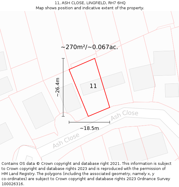 11, ASH CLOSE, LINGFIELD, RH7 6HQ: Plot and title map