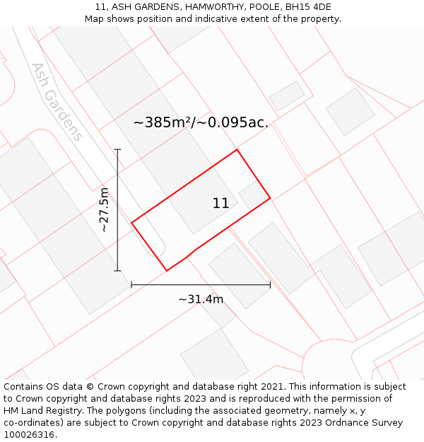 11, ASH GARDENS, HAMWORTHY, POOLE, BH15 4DE: Plot and title map