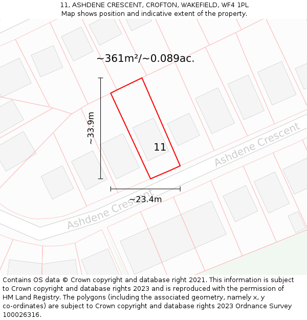 11, ASHDENE CRESCENT, CROFTON, WAKEFIELD, WF4 1PL: Plot and title map