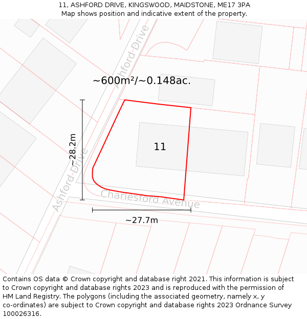 11, ASHFORD DRIVE, KINGSWOOD, MAIDSTONE, ME17 3PA: Plot and title map