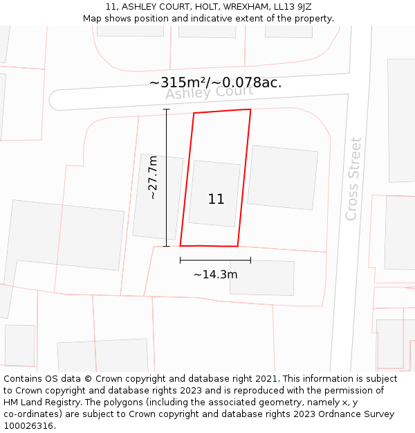 11, ASHLEY COURT, HOLT, WREXHAM, LL13 9JZ: Plot and title map