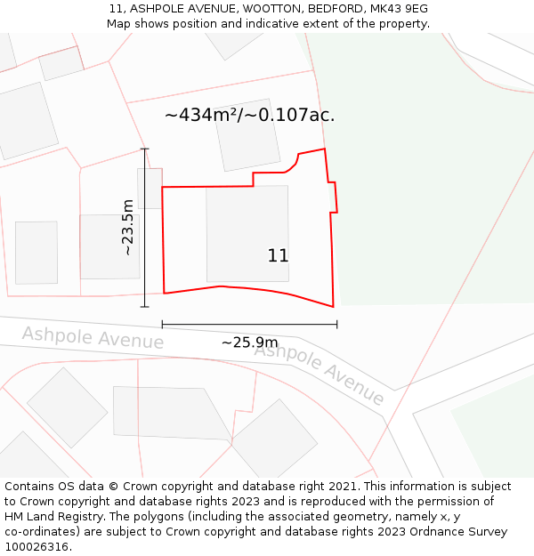 11, ASHPOLE AVENUE, WOOTTON, BEDFORD, MK43 9EG: Plot and title map