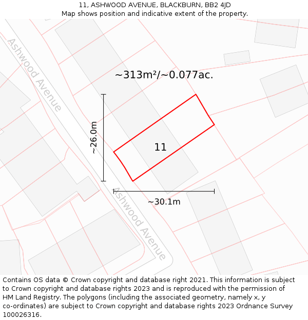 11, ASHWOOD AVENUE, BLACKBURN, BB2 4JD: Plot and title map