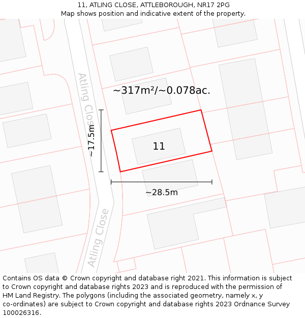 11, ATLING CLOSE, ATTLEBOROUGH, NR17 2PG: Plot and title map