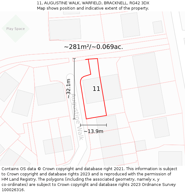 11, AUGUSTINE WALK, WARFIELD, BRACKNELL, RG42 3DX: Plot and title map