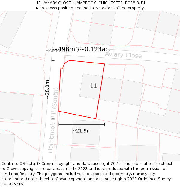 11, AVIARY CLOSE, HAMBROOK, CHICHESTER, PO18 8UN: Plot and title map