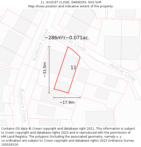 11, AVOCET CLOSE, SWINDON, SN3 5HR: Plot and title map