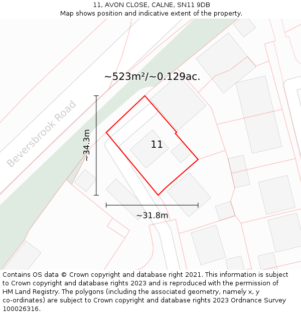 11, AVON CLOSE, CALNE, SN11 9DB: Plot and title map