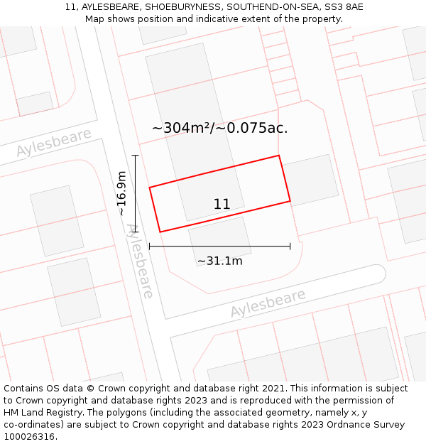 11, AYLESBEARE, SHOEBURYNESS, SOUTHEND-ON-SEA, SS3 8AE: Plot and title map