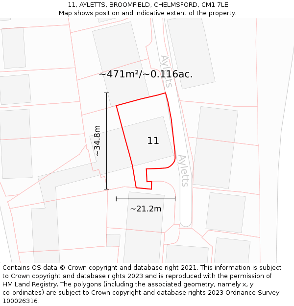 11, AYLETTS, BROOMFIELD, CHELMSFORD, CM1 7LE: Plot and title map