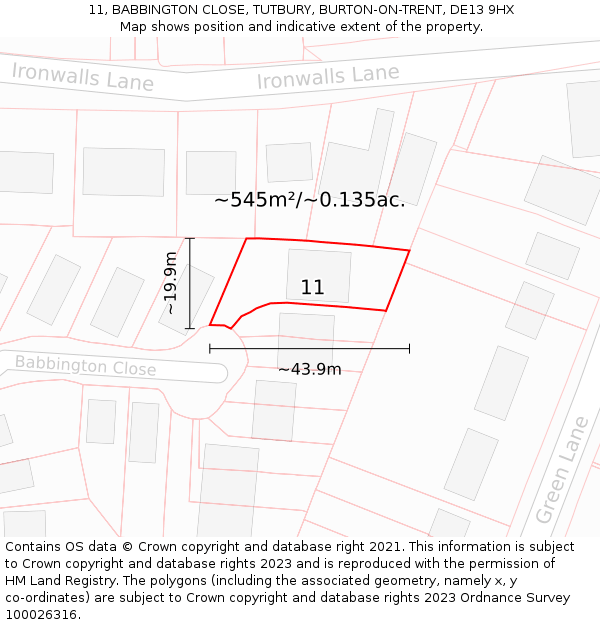 11, BABBINGTON CLOSE, TUTBURY, BURTON-ON-TRENT, DE13 9HX: Plot and title map