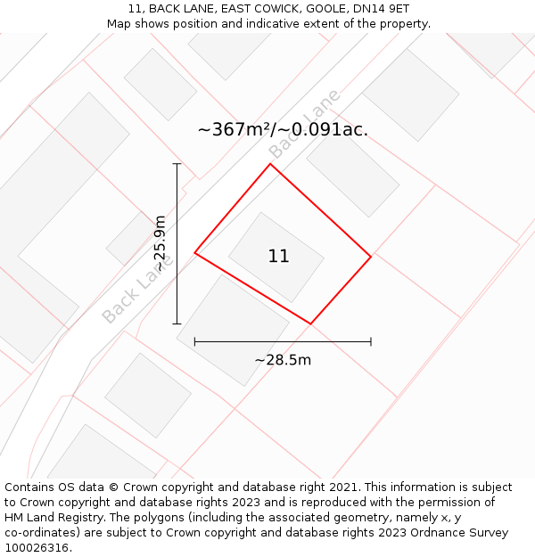 11, BACK LANE, EAST COWICK, GOOLE, DN14 9ET: Plot and title map