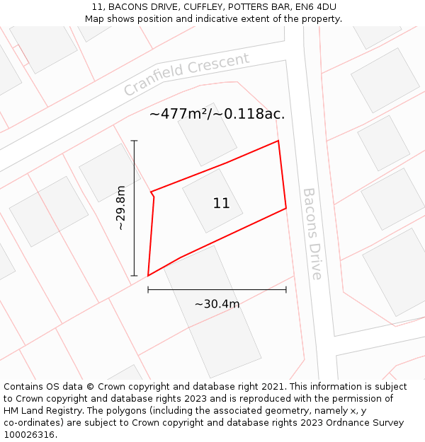 11, BACONS DRIVE, CUFFLEY, POTTERS BAR, EN6 4DU: Plot and title map