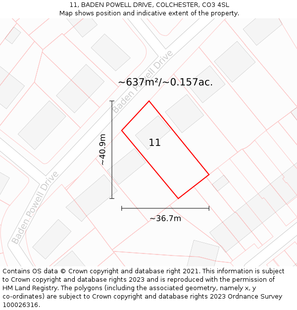 11, BADEN POWELL DRIVE, COLCHESTER, CO3 4SL: Plot and title map