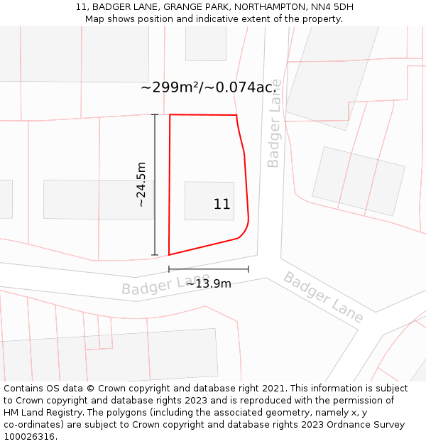 11, BADGER LANE, GRANGE PARK, NORTHAMPTON, NN4 5DH: Plot and title map
