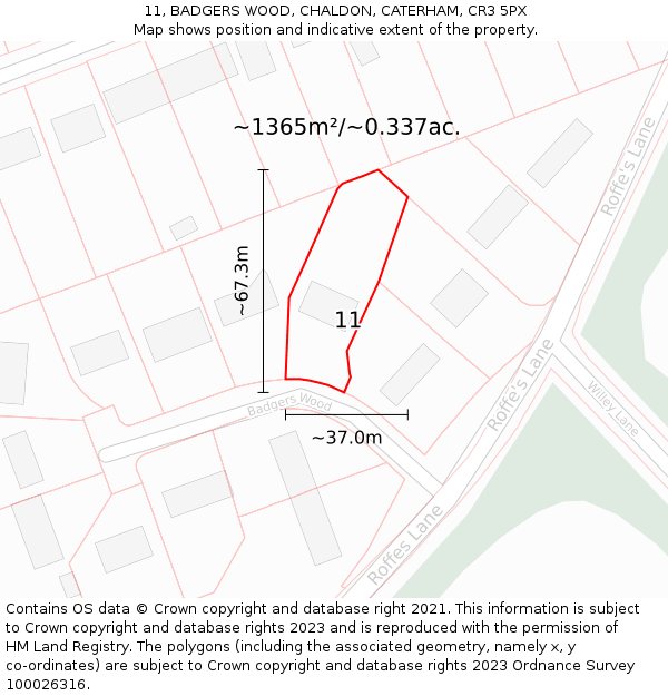 11, BADGERS WOOD, CHALDON, CATERHAM, CR3 5PX: Plot and title map