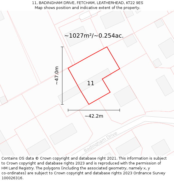 11, BADINGHAM DRIVE, FETCHAM, LEATHERHEAD, KT22 9ES: Plot and title map