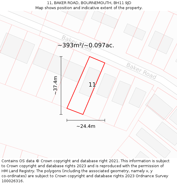 11, BAKER ROAD, BOURNEMOUTH, BH11 9JD: Plot and title map