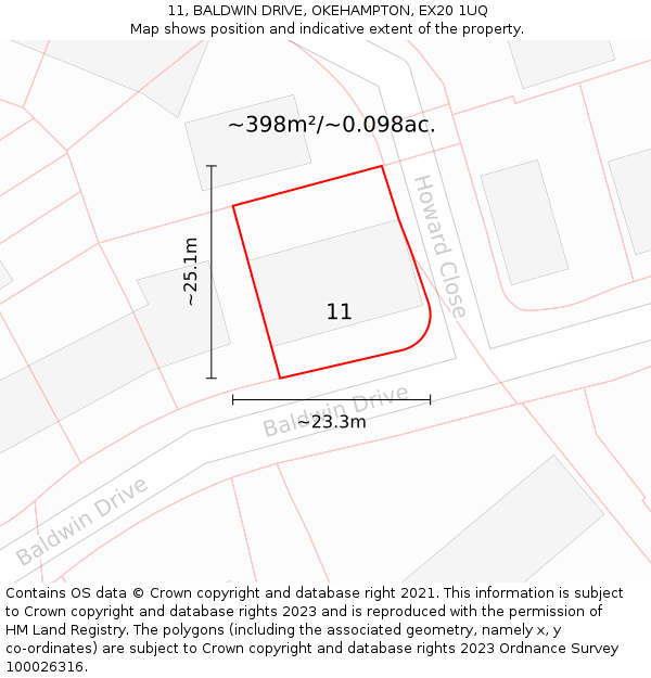 11, BALDWIN DRIVE, OKEHAMPTON, EX20 1UQ: Plot and title map