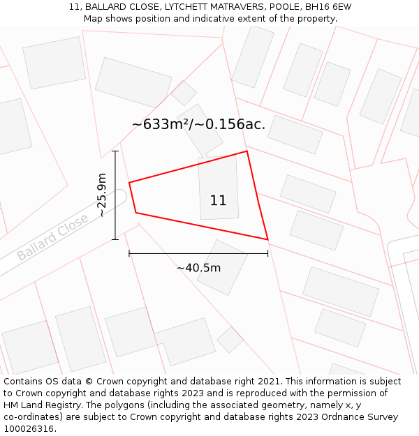 11, BALLARD CLOSE, LYTCHETT MATRAVERS, POOLE, BH16 6EW: Plot and title map