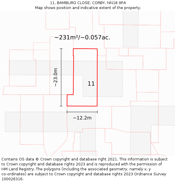 11, BAMBURG CLOSE, CORBY, NN18 9PA: Plot and title map