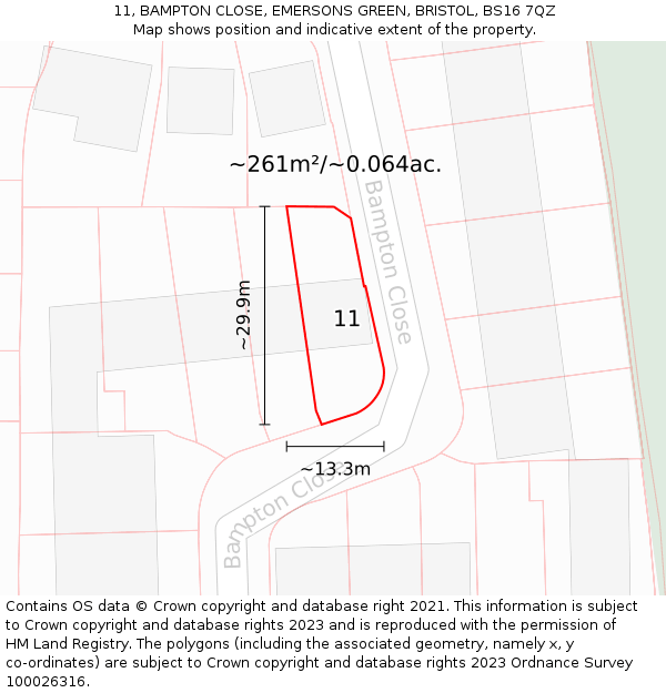 11, BAMPTON CLOSE, EMERSONS GREEN, BRISTOL, BS16 7QZ: Plot and title map