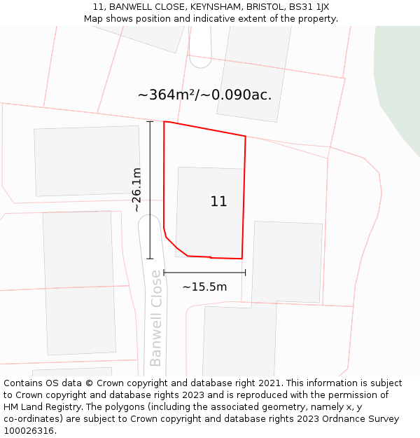 11, BANWELL CLOSE, KEYNSHAM, BRISTOL, BS31 1JX: Plot and title map
