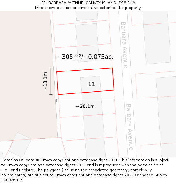 11, BARBARA AVENUE, CANVEY ISLAND, SS8 0HA: Plot and title map