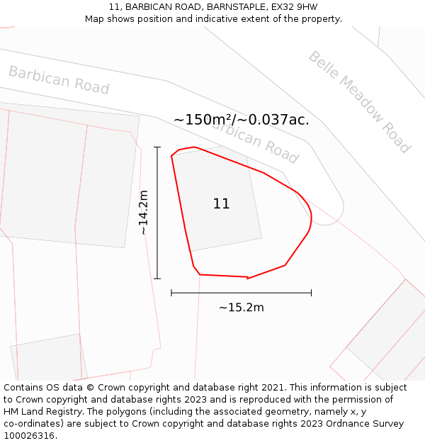 11, BARBICAN ROAD, BARNSTAPLE, EX32 9HW: Plot and title map