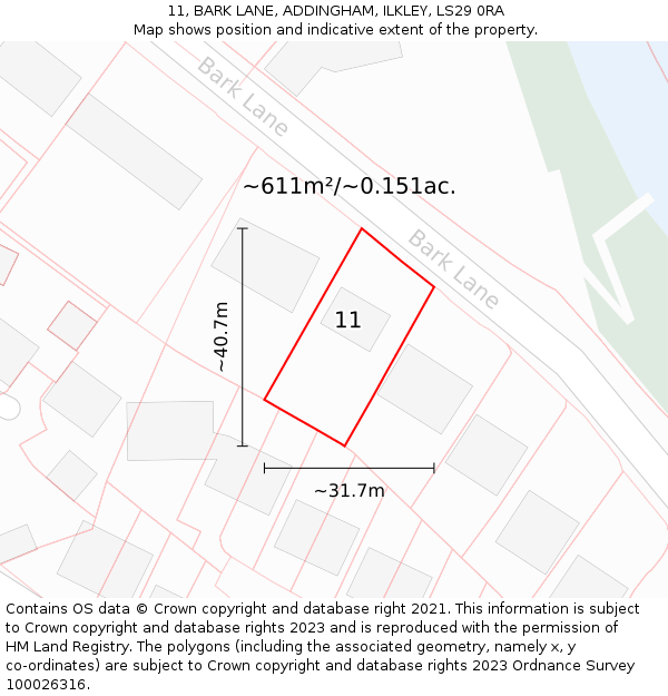 11, BARK LANE, ADDINGHAM, ILKLEY, LS29 0RA: Plot and title map