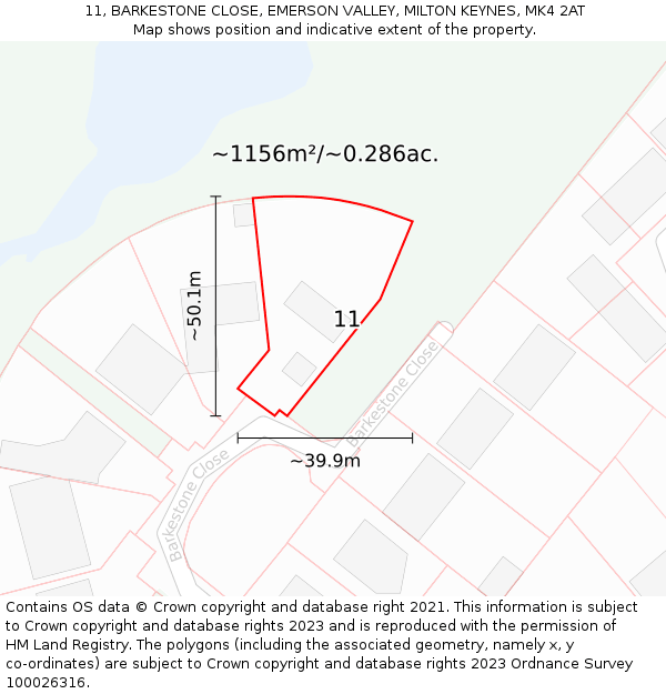 11, BARKESTONE CLOSE, EMERSON VALLEY, MILTON KEYNES, MK4 2AT: Plot and title map
