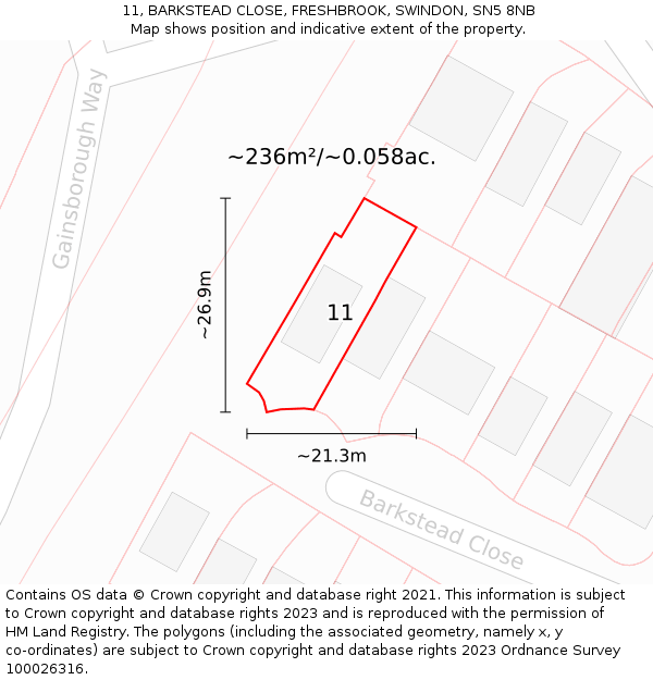 11, BARKSTEAD CLOSE, FRESHBROOK, SWINDON, SN5 8NB: Plot and title map