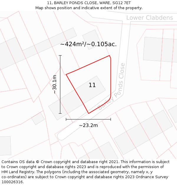 11, BARLEY PONDS CLOSE, WARE, SG12 7ET: Plot and title map